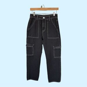 Shein Black Denim White Stitching Soft Cotton Cargo Pants sz S